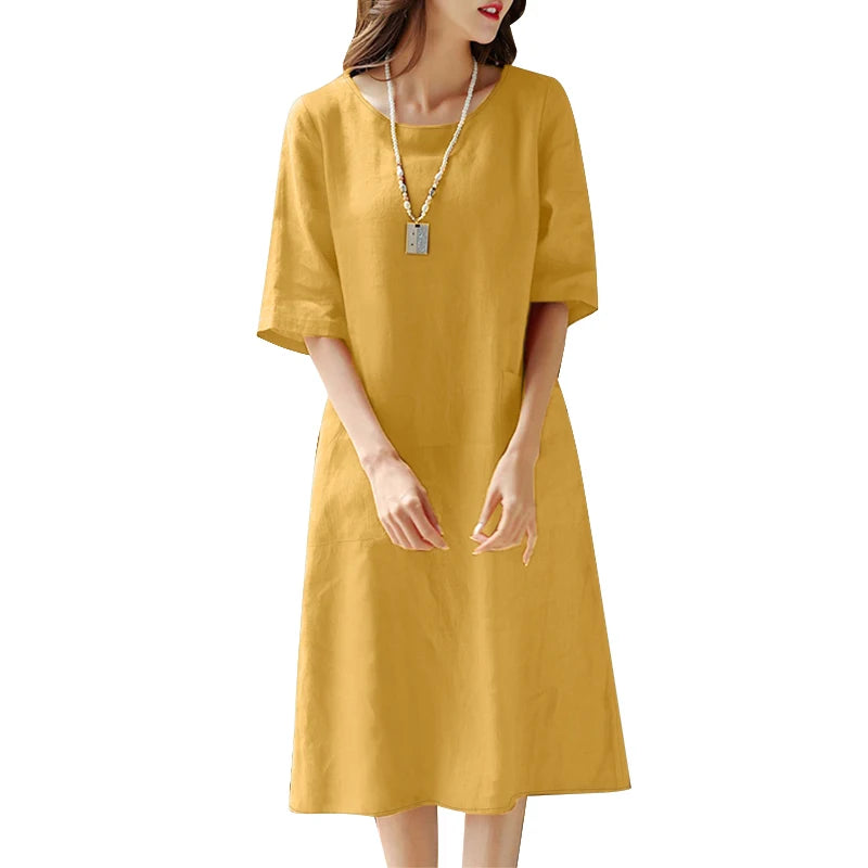 2025 Spring Summer Dress ZANZEA Women O Neck Half Sleeve Sundress Solid Cotton Dresses Robe Femme Casual Loose Holiday Vestidos