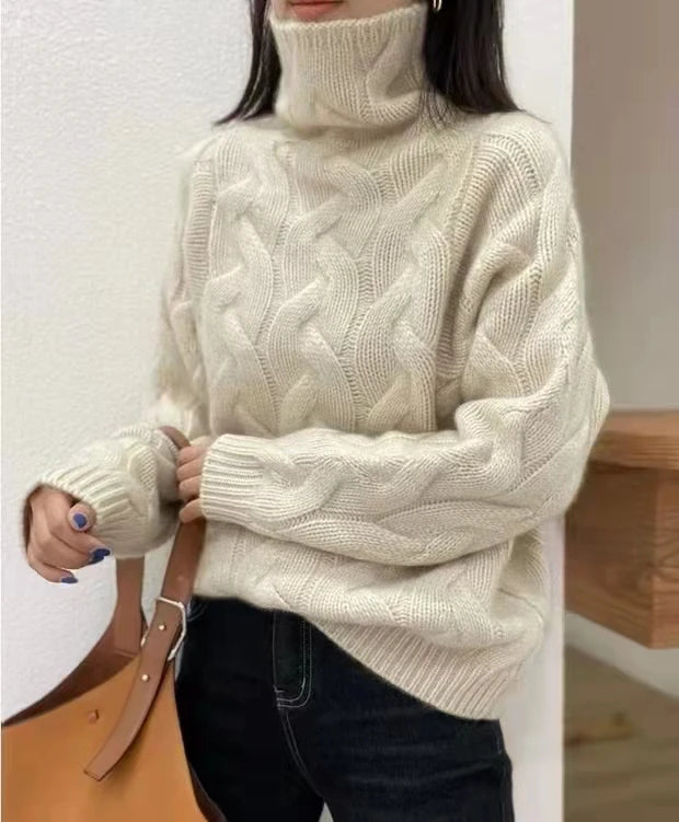 100% pure cashmere sweater women's autumn and winter high-necked loose twisted thick lazy wind bottoming plus size sweater