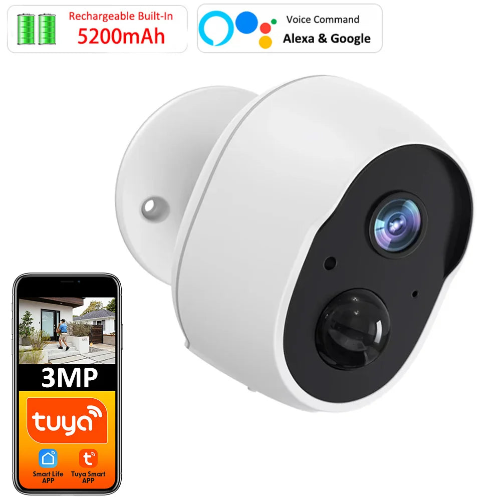 3MP Tuya Smart Life Battery Powered Outdoor WIFI Surveillance Security PIR Motion Detection Camera Night Vision Alexa Google
