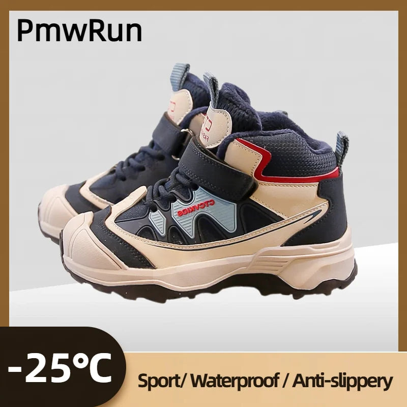 Winter Sport Shoes For Children PU Leather Outdoor Winter Sneakers For Kids Waterproof Ergonomics Hiking Cotton Shoes Boys Girls