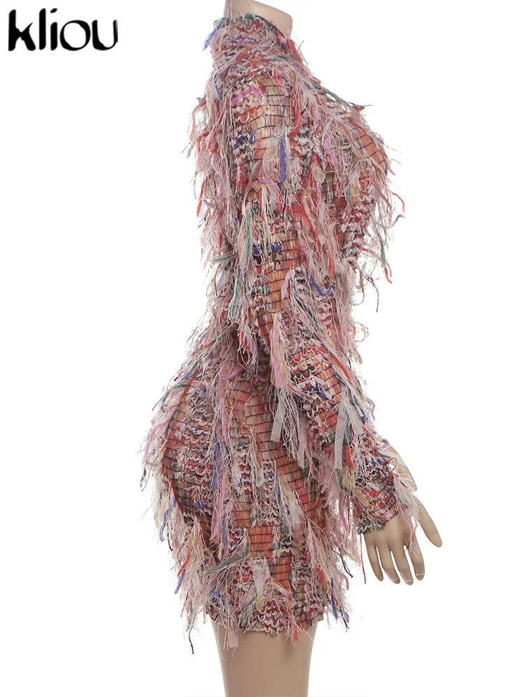 kliou Stacked Pleated Women Mini Dress 2024 New Stunning O-neck Body-shaping Patchwork Vestidos Female Attractive Party Frock