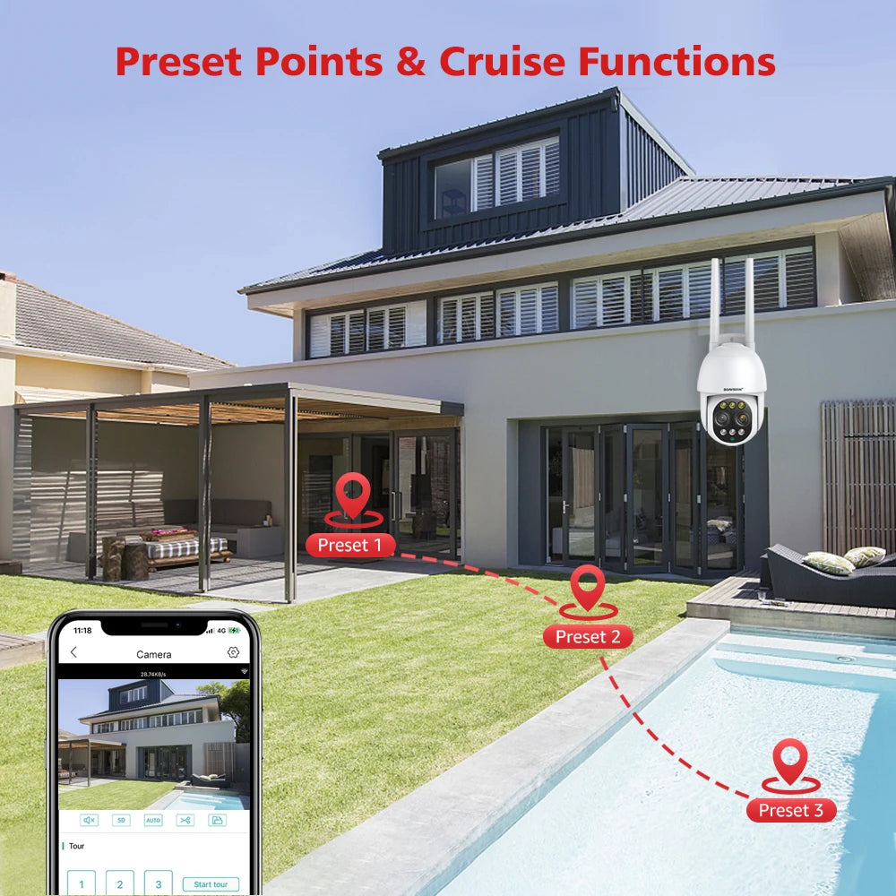 BOAVISION HD 8MP WIFI Camera PTZ Dual Lens 8X Digital Zoom Outdoor 4K AI humanoid Auto Tracking Zoom Audio iCSee Security Camera