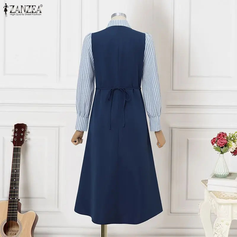 ZANZEA Women Long Shirt Dresses Autumn Long Sleeve Striped Fake 2 Piece Shirts Maxi Robe Fashion Elegant Office Party Vestidos