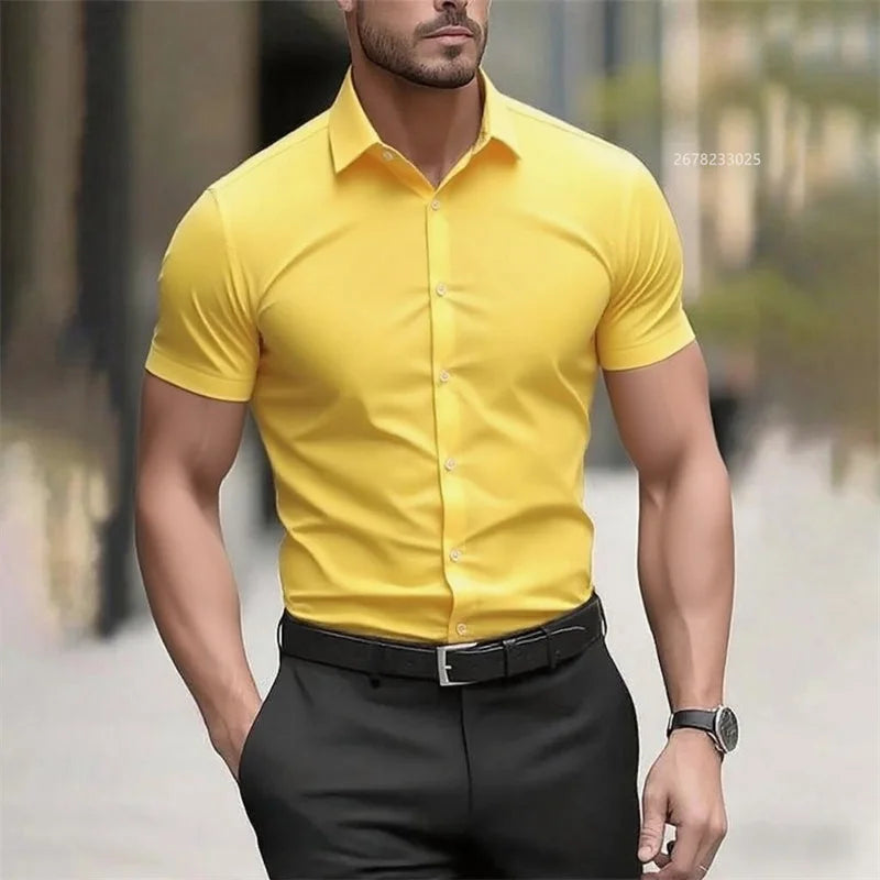 Solid color men's shirt casual shirt, high quality solid color short sleeve stretch fabric, business formal shirt, XS-6XL size