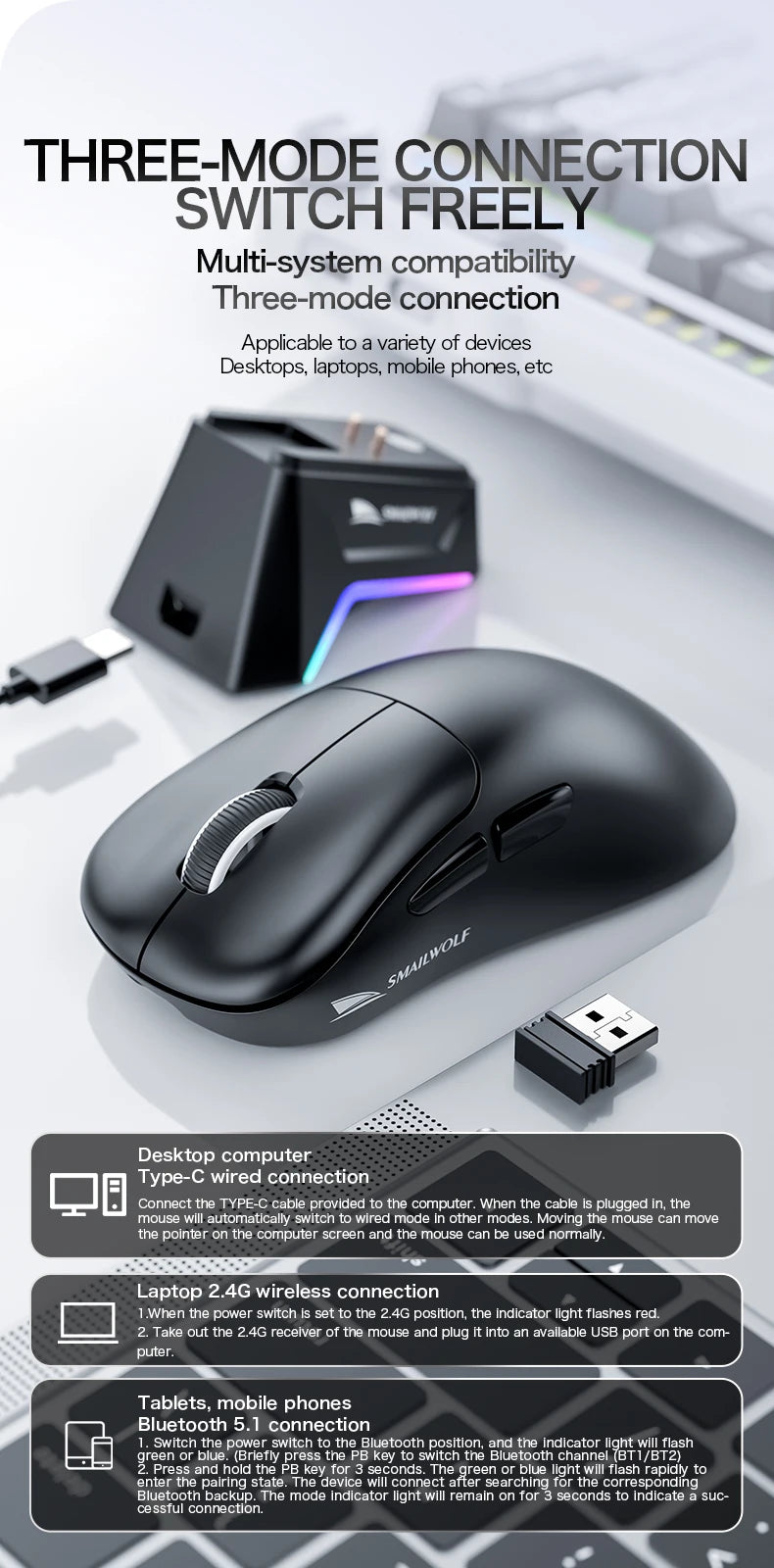 SMAILWOLF M5 Bluetooth Wireless Mouse Gaming Laptop Desktop E-Sports Lightweight PAW3311 Wired Magnetic Charging