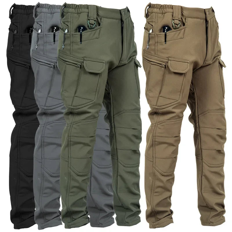 Fleece Lined Tactical Cargo Pants Men's Warm Thickened Outdoor Softshell Trousers Multi-Pocket Work Hiking Climbing Casual Wear