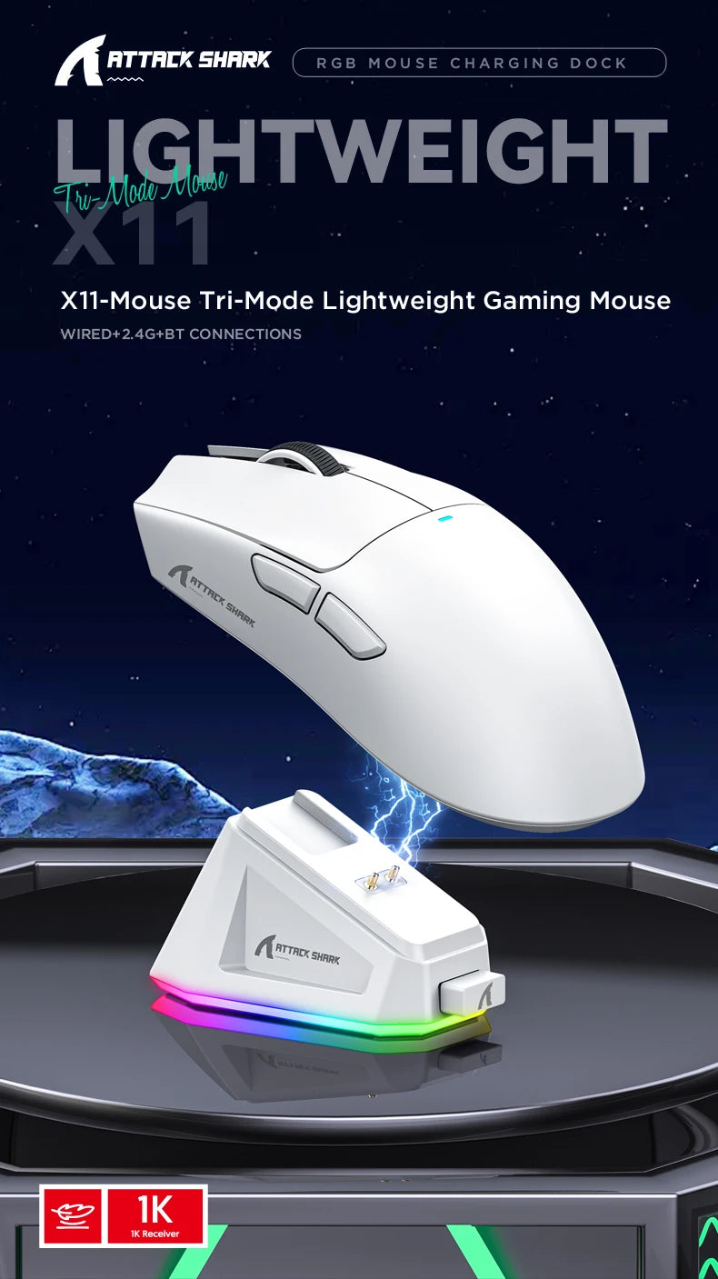X11 Attack Shark Gaming Mouse Wireless 1K Hz PAW3311 Macro Magnetic RGB Docking Charger for Gaming
