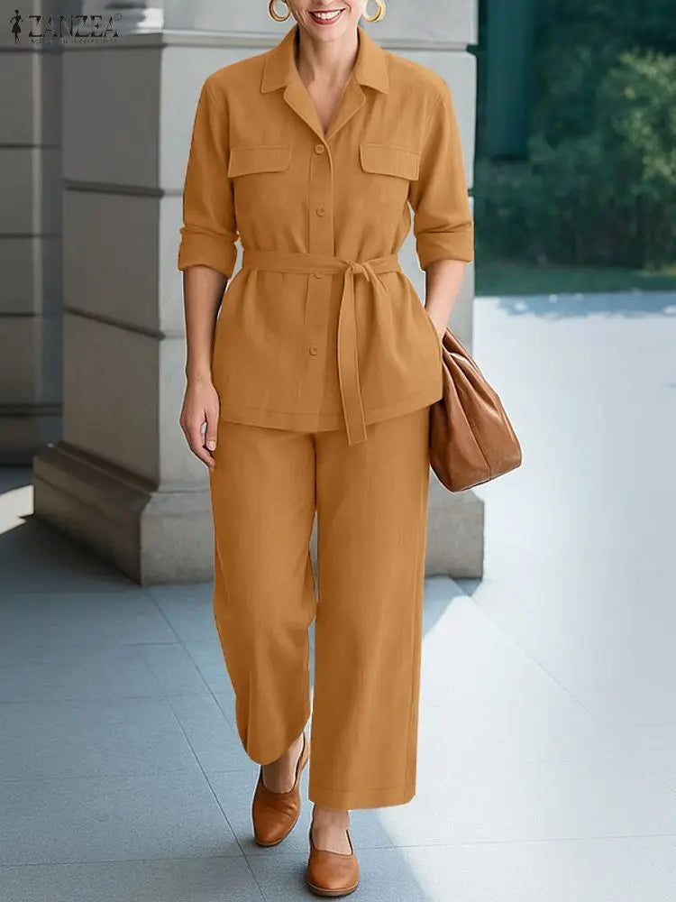 ZANZEA Autumn 2 Pieces Sets Fashion Lapel Neck Long Sleeve Shirt Pant Suits 2025 Elegant Women OL Work Tracksuit Solid Outfits