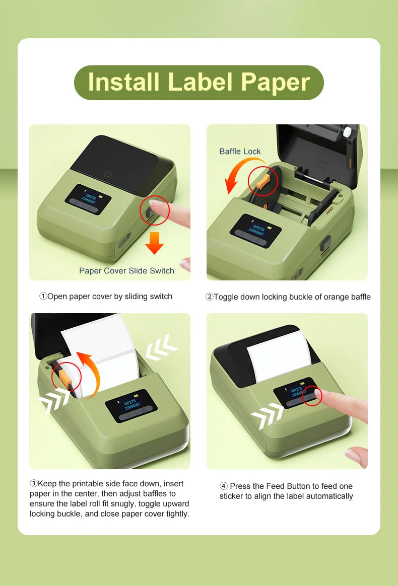 DETONGER DP27S 2inch Mini Thermal Printer No Ink Wireless Connect Compatible iOS Android for Home&Office Cable Sticker Printer