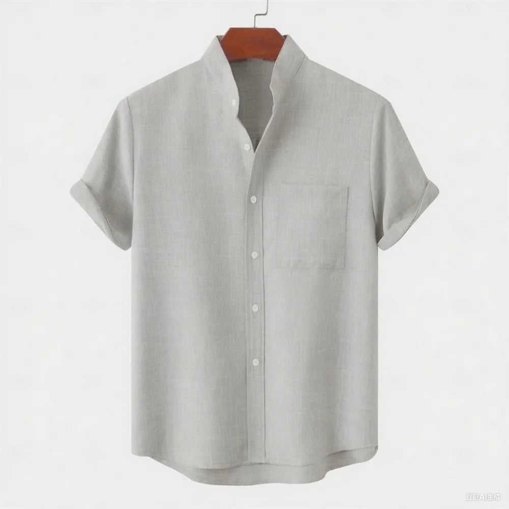 Summer new men's pure-color linen short-sleeved collared shirt - Casual enhanced version men's shirt - Fast shipping
