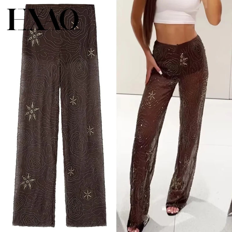 HXAO Women's Pants Spring Summer 2025 Beading Brown Trousers Sequins Translucent High Waist Pants Ladies Streetwear Casual Pants
