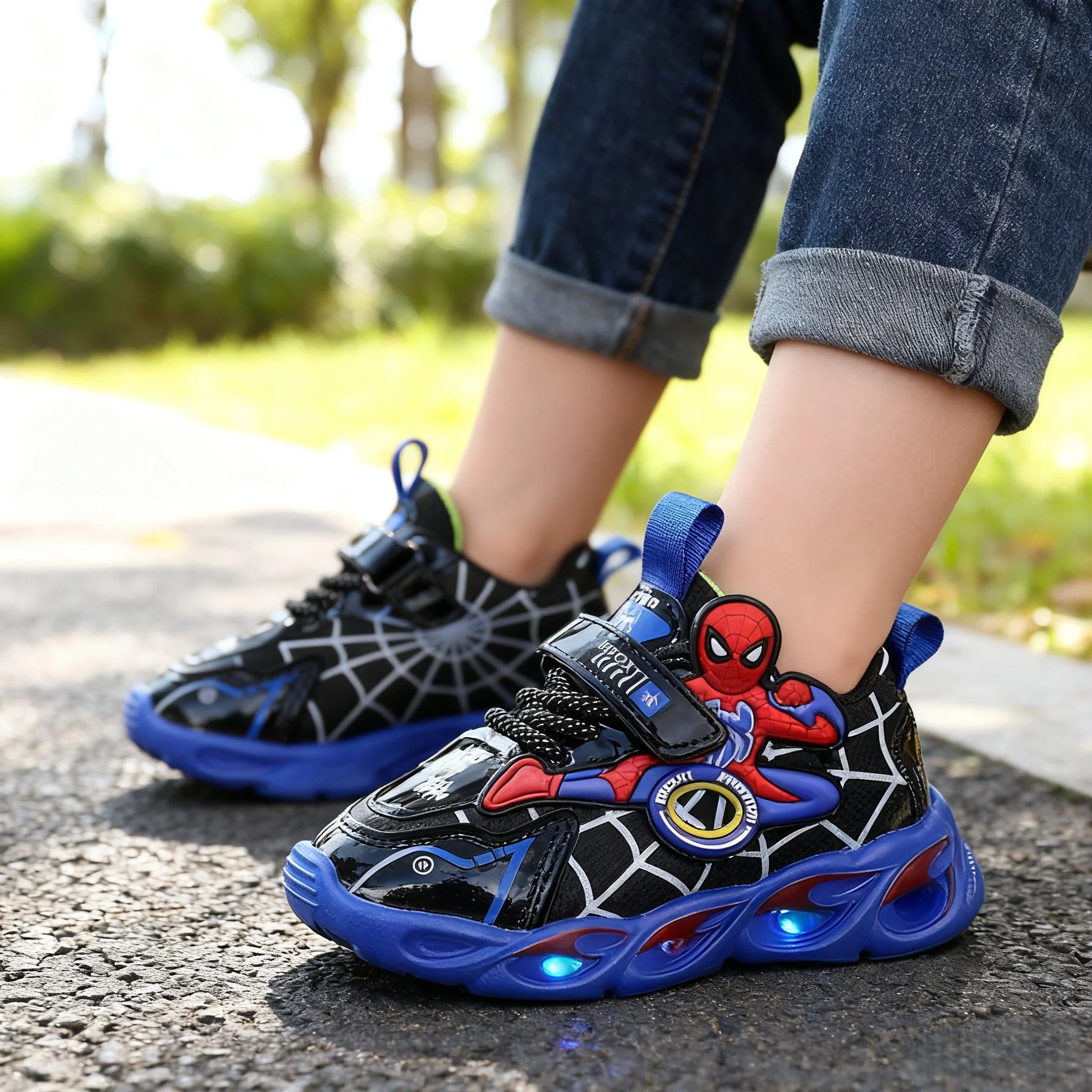 Boys Glowing Light Up Shoes Kids Leather Spider-Man Single Sneakers Kids LED Luminous Children's Shoes Kids Shiny Light Sneakers