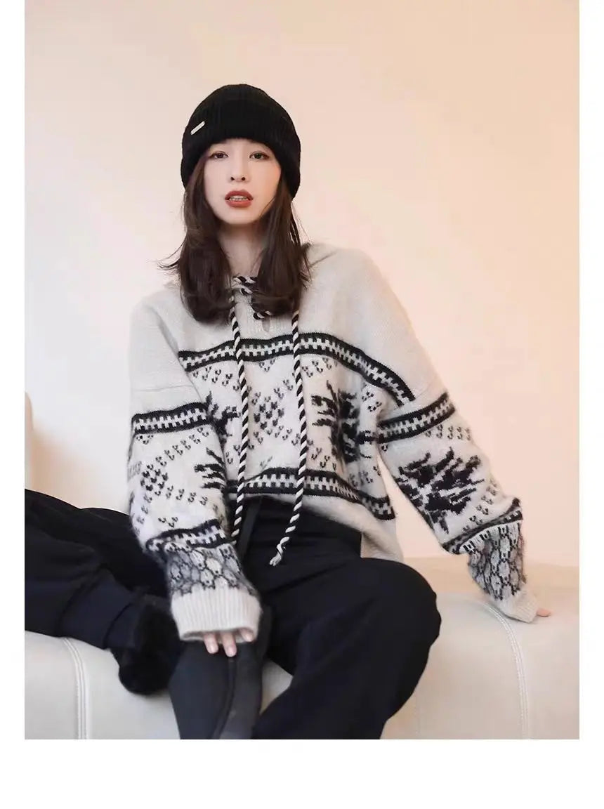 100% pure wool cashmere sweater women's 2024 autumn and winter new hooded collar pullover fashionable loose knit plus size top